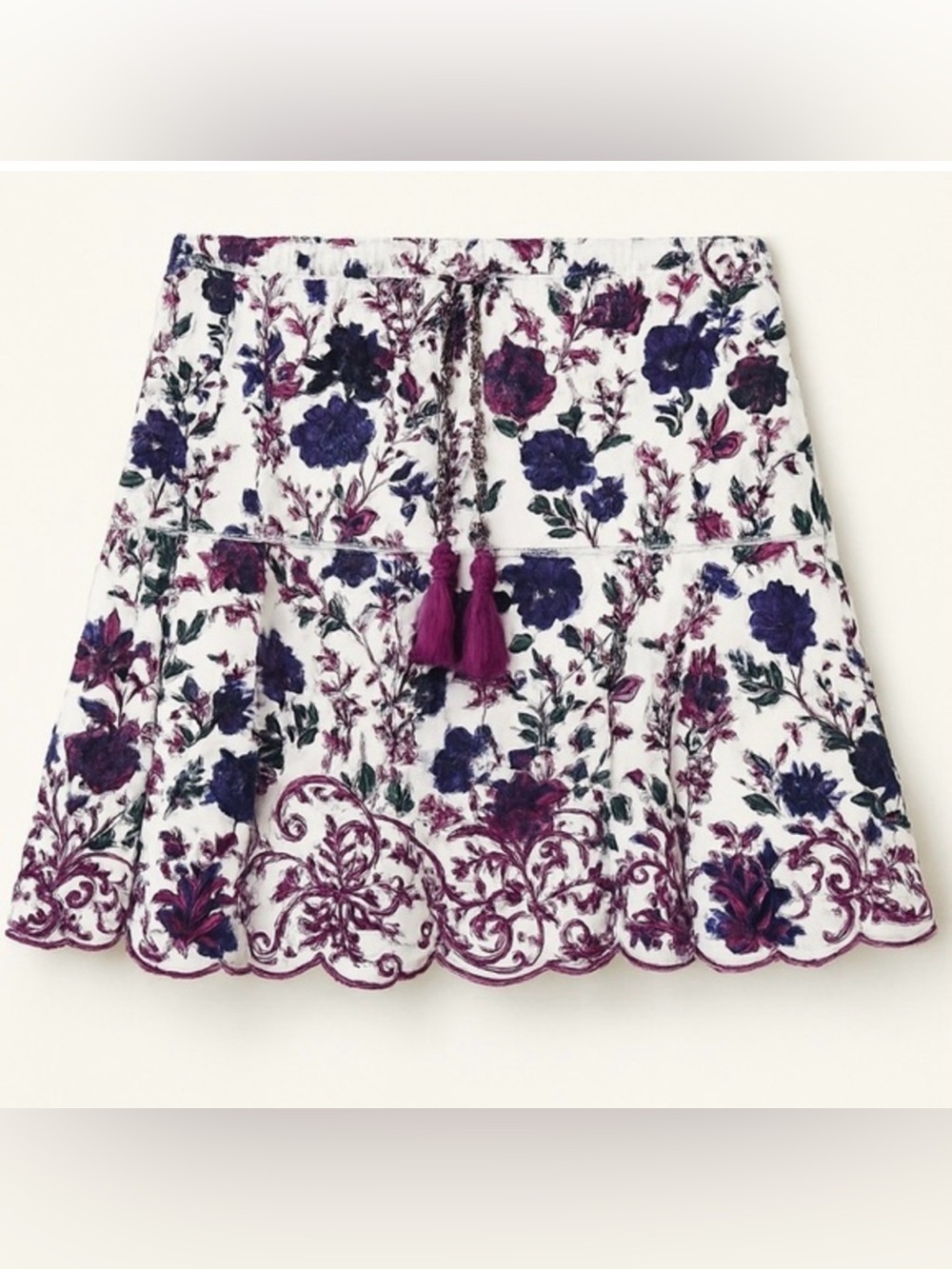 RAGA Purple Rose Floral Boho Embroidered Drawstring Tassel Skirt NWT S #2417